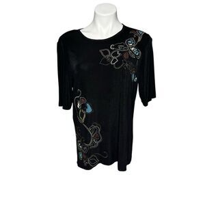 Chico’s travelers black embroidered floral short sleeve top size 2 (L)